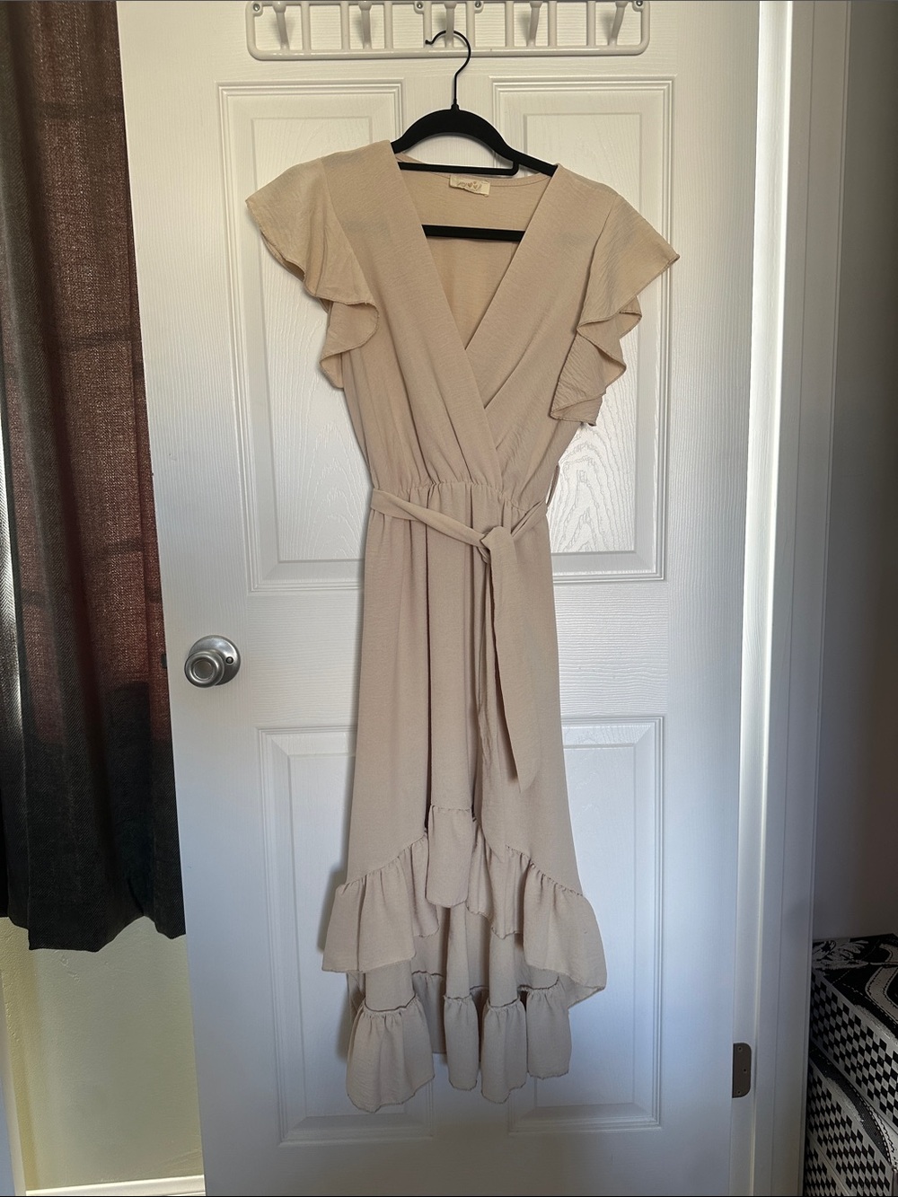 Beige Ruffle Surplice High-Low Dress - Picture 1 of 3